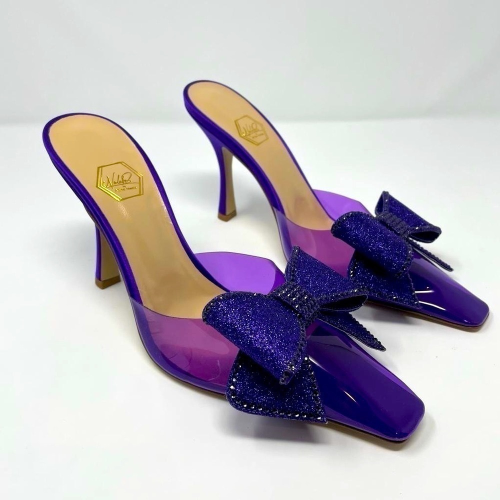 NIB Nalebe By Amina Means Reflections Dimante PVC Glitter Bow Mule Heels Pumps